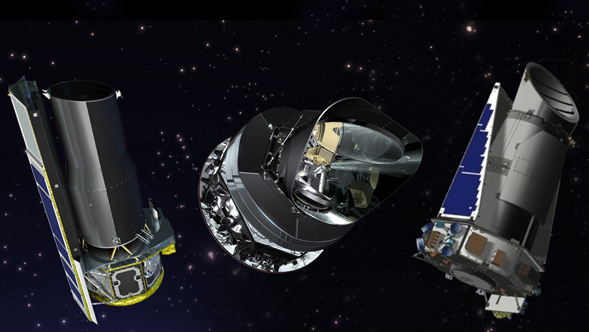 From left to right, artist's concepts of the Spitzer, Planck and Kepler space telescopes.