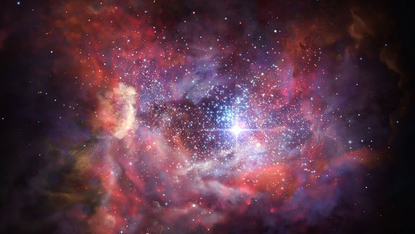 This artist's impression shows what the very distant young galaxy A2744_YD4 might look like. Observations using ALMA have shown that this galaxy, seen when the universe was just 4 percent of its current age, is rich in dust.