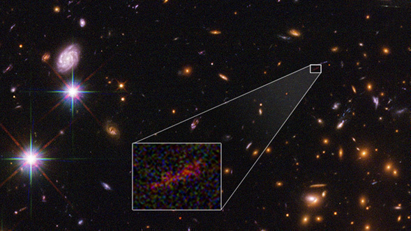 This Hubble Space Telescope image shows the farthest galaxy yet seen in an image that has been stretched and amplified by a phenomenon called gravitational lensing. Credits: NASA , ESA, and B. Salmon (STScI)