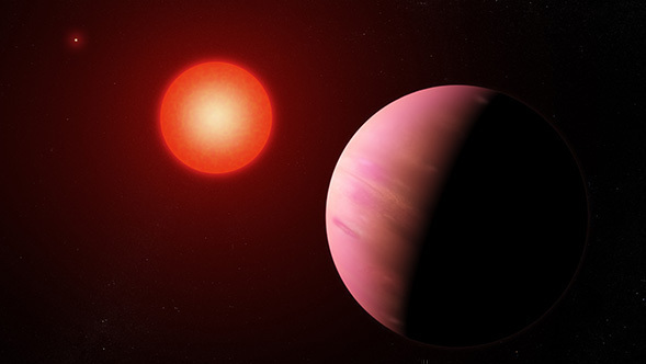 The newfound planet K2-288Bb, illustrated here, is slightly smaller than Neptune. Located about 226 light-years away, it orbits the fainter member of a pair of cool M-type stars every 31.3 days. Credit: NASA's Goddard Space Flight Center/Francis Reddy
